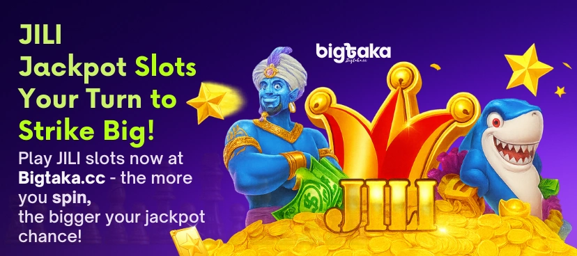 Bigtaka JILI Jackpot banner with genie, shark, gold coins, jester crown & ‘Your Turn to Strike Big’